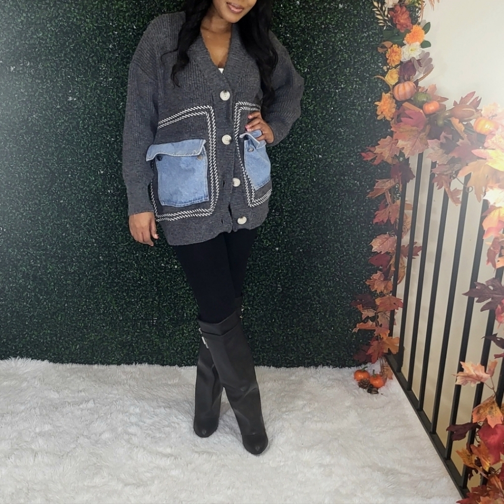 Gray Cardigan with Blue Pockets